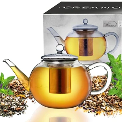 Imagen de Creano Tetera de Vidrio con Colador Acero Integrado y tapa Vidrio, Perfecto para la Preparación Té Suelto, sin Gotas 1600ml