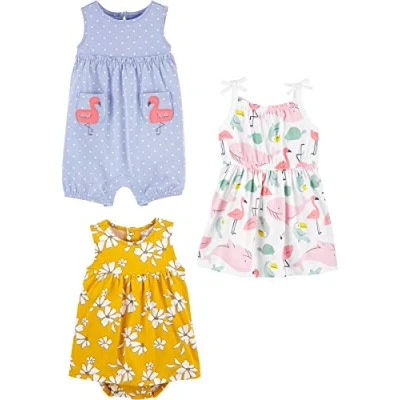 Imagen de Simple Joys by Carter&#039;s 3 Pack Romper, Sunsuit and Dress Peleles, Amigos Marinos/Flamenco/Flores, 0 Meses (Pack de 3) Bebé Niñas