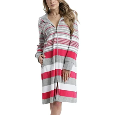 Imagen de Aquarti Bata de Mujer Rayas con a Capucha y Cremallera, Rosa, M