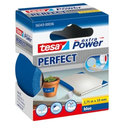 Imagen de tesa Extra Power Perfect, Cinta de Reparación Reforzada en Tela para Confeccionar, Reparar, Fijar, Reforzar y Etiquetar, Azul, 2.75 m x 38 mm