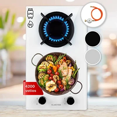 Imagen de Klarstein Cocina de Gas Butano, Placa 2 Fuegos 4200W, Vitroceramica Integrada para Cocina, Butano Diseño, Encimera Fogones con Base vidrio y Acero Inoxidable