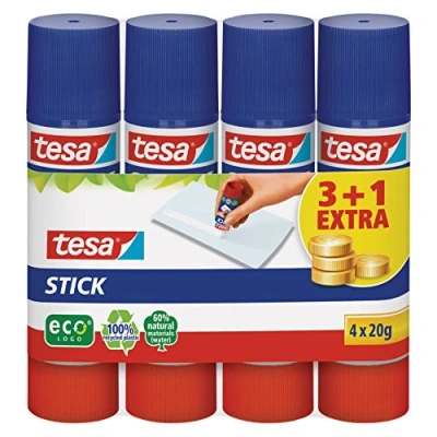 Imagen de tesa Stick Pegamento en Barra ecoLogo, de Sin Olor para Papel y Cartón, Disolventes Amigable con el Medio Ambiente, 4 x 20 g