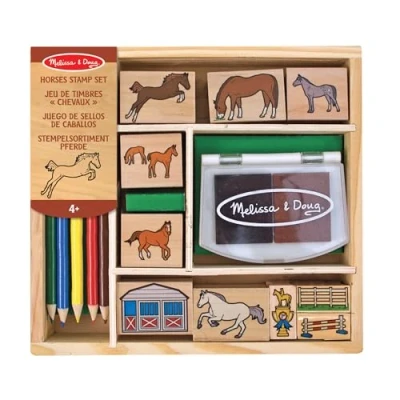 Imagen de Melissa &amp; Doug Juego de sellos madera, Caballos, 10 sellos, 5 lápices y una almohadilla tinta, Juguete creativo Actividades creativas, Regalo para niños niñas 3 4 6 7 Años