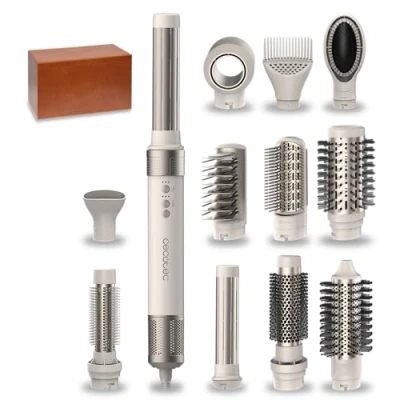 Imagen de Moldeador Cecotec Bamba CeramicCare 12in1 AirGlam Champagne, Tecnología Coanda, 3 velocidades, temperaturas, 1400W, 12 cabezales, Champagne