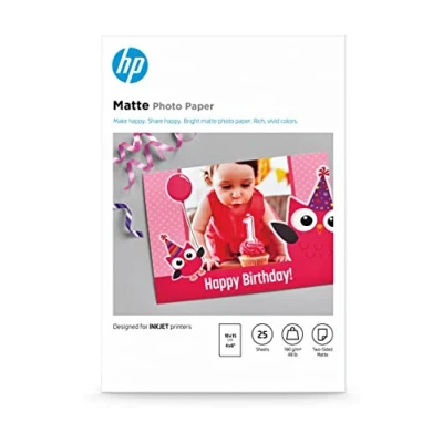 Imagen de HP Matte Photo Paper, 7HF70A, 25 hojas de papel fotográfico mate avanzado, compatible con impresoras inyección tinta, 10 x 15 cm, peso del material impresión 180 g/m²
