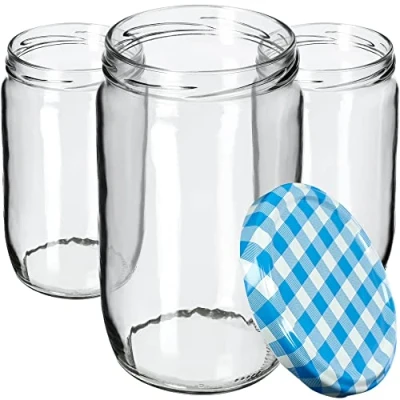 Imagen de KADAX tarros de cristal para conservas, 720 ml, conservas con tapa rosca, redondos (cuadros azules/16 unidades)