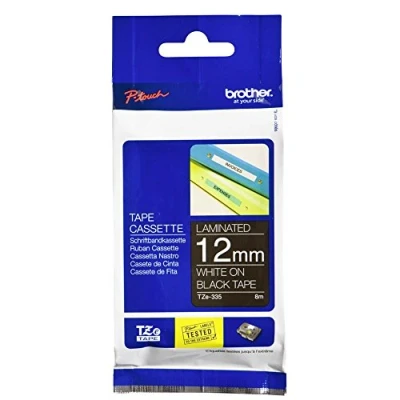 Imagen de Brother, TZe335, Cinta laminada, Texto blanco sobre fondo negro, Ancho: 12 mm, Longitud: 8 m, Para rotuladoras Ptouch