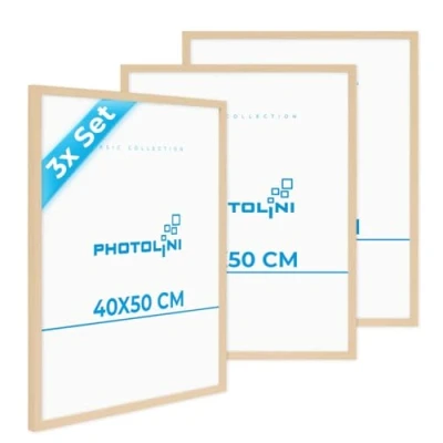 Imagen de PHOTOLINI marcos 40x50 cm madera MDF natural, set de 3 para pósteres, cristal acrílico, colgar, incluye accesorios fotos, láminas y pósteres