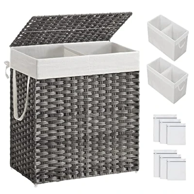 Imagen de SONGMICS Cesto de Ropa Sucia con Tapa, Cesta 110 L, 2 Compartimentos, Bolsa Extraíble Asas, Tejido a Mano, para Dormitorio, Baño, Lavandería, 33 x 57 60 cm, Gris LCB252G01