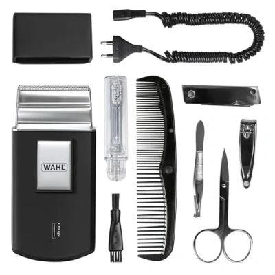Imagen de Wahl Travel Shaver Kit, Recargable, Lámina Flexible, Incluye Cepillo de Dientes, Lima Uñas, Tijeras Pinzas, Peine, Sin Arañazos, Perfecto para Viajar, Pequeño, Estuche Viaje, Plata