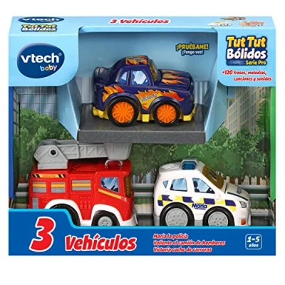 Imagen de VTech TutTut Bólidos Pack de 3 Coches con botón Sorpresa, María la policía, Valiente camión Bomberos y Victoria Coche Carreras, Multicolor, Versión ESP
