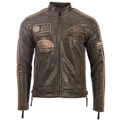 Imagen de Aviatrix Chaqueta Biker De Cuero Autentico Para Hombre Con Cuello Banda y Distintivos Moto (CXUS)