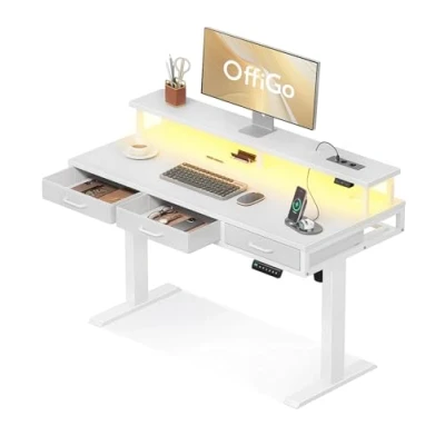 Imagen de OffiGo Mesa Elevable Escritorio con Cajones, 120cm Soporte para Monitor, Gaming Carga y Luces LED, Regulable Altura, Blanco