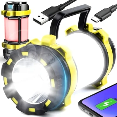 Imagen de Retoo Linterna LED de mano, extremadamente brillante, recargable, USB, foco para camping, senderismo, con batería 3700 mAh y mango