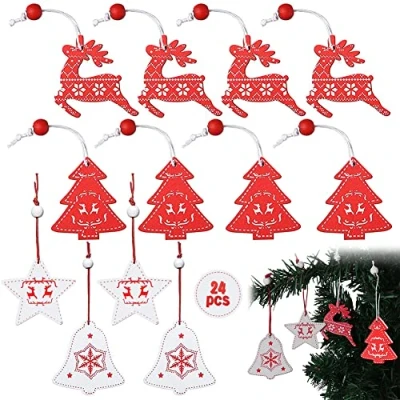 Imagen de Adornos Madera Árbol de Navidad,24 PCS Navidad Decoracion,Varios para árboles Navidad, Alces, árbol Rojo, Campanas Blancas, Estrella Blanca Cinco Puntas