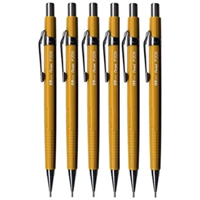 Imagen de Portaminas recargable Pentel de 0,9 mm, color amarillo con goma borrar, 6 unidades, modelo P209