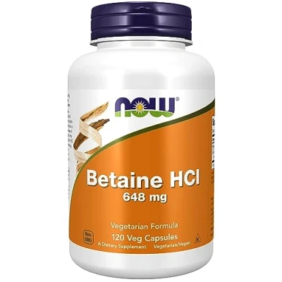 Imagen de Now Foods, Betaine HCl, 648mg, 120 Cápsulas veganas, Probado en Laboratorio, Sin Gluten, Soja, Vegetariano