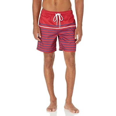 Imagen de Amazon Essentials Bañador de Secado Rápido 18 Cm colores interrumpidos Hombre, Rojo Rayas, L