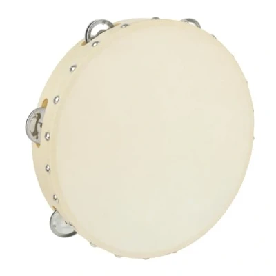 Imagen de A Star Pandereta de madera con cabeza mano 10 pulgadas/25 cm, hilera cascabeles un solo metal tradicional natural
