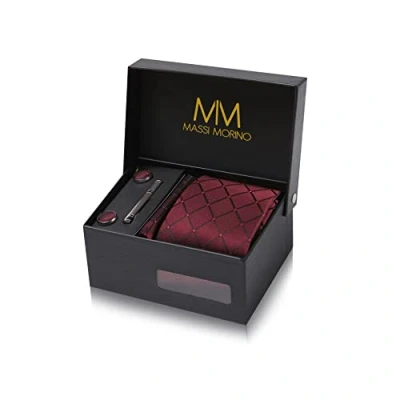 Imagen de Massi Morino Corbatas de hombre Burdeos Cuadrado y pañuelos con gemelos, clip corbata set Rojo Oscuro Accesorio traje modernas para boda