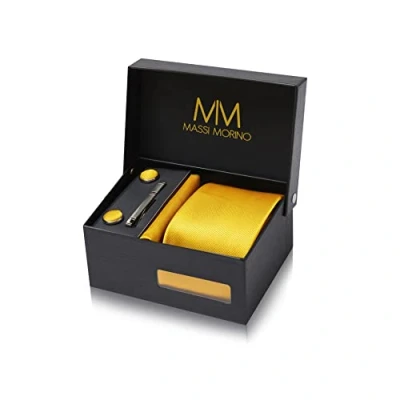 Imagen de Massi Morino Corbatas de hombre Amarillo y pañuelos con gemelos, clip corbata set Soleado Accesorio traje modernas para boda