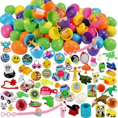 Imagen de JOYIN 80 Paquetes de Huevos Pascua prerellenos con Juguetes y Pegatinas, 2 3/8 Pulgadas Brillantes Coloridos para cestas Pascua, Regalos Fiesta