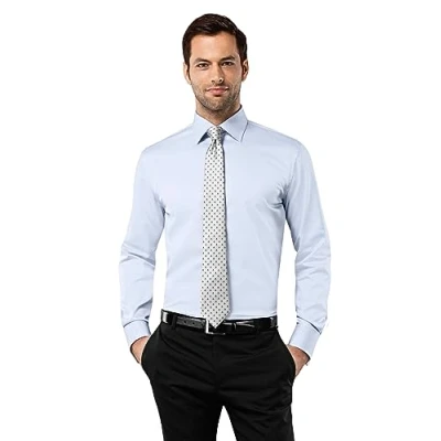 Imagen de Vincenzo Boretti Camisa de Hombre, Ajustada Entallada (Slim fit), 100% algodón, Manga Larga, Cuello Kent, puño Reversible Lisa no Necesita Plancha Azul Claro 39 40