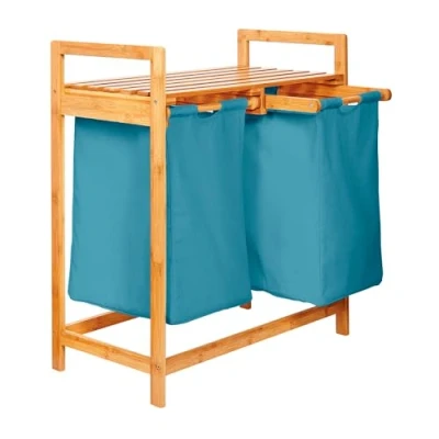 Imagen de Lumaland cesto de ropa sucia bambú con 2 bolsas extensibles Tamaño aprox. 73 cm alto x 64 ancho 33 profundidad [Azúl]