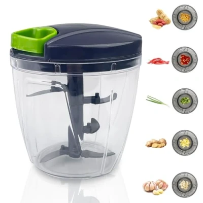 Imagen de Dunkwckore 900 ml Picadora Manual con Cuerda, Trituradora de Alimentos 5 Cuchillas Acero Inoxidable, Picador Verduras, Cortador Cebolla, Triturador Alimentos, Mini Corta