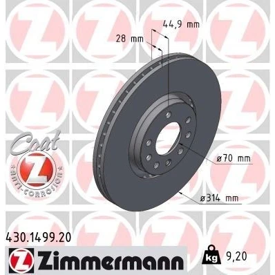Imagen de ZIMMERMANN COAT Z 430.1499.20 Disco de freno 314 28 8/5 5 110 ventilación externa revestido altamente carbonizado OPEL: Vectra C Berlina, CC