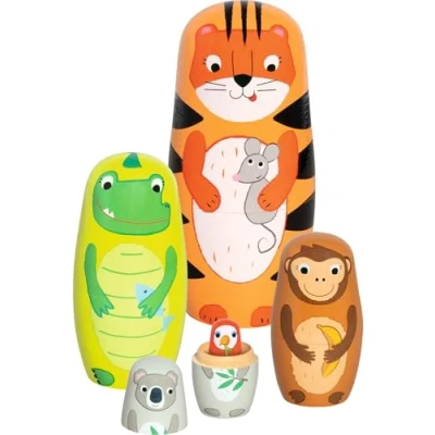 Imagen de goki 60661 Muñecas Matryoshka Tiger Tavi y Sus Amigos de Madera, Juego apilamiento Animales clásico, Juguetes educativos para Promover la motricidad comprensión del tamaño, 5