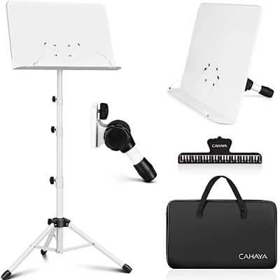 Imagen de CAHAYA CY0304 Soporte portátil para partituras con bolsa de transporte, altura ajustable a 170 cm, color blanco
