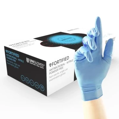 Imagen de Unigloves Fortified Blue GF0015 Guantes desechables multiusos, sin polvo y látex, caja de 100 guantes, azul, extra grande
