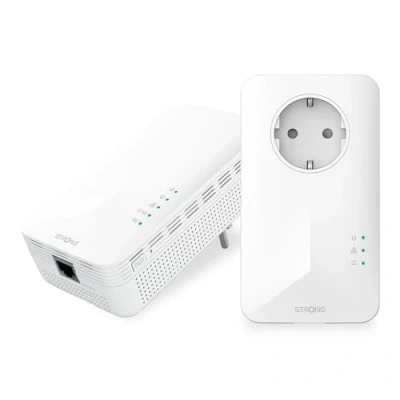 Imagen de STRONG Kit Powerline Doble Toma PLC 1000 Mbps + WiFi 1200 Compatible Box/Router 1 Puerto Gigabit Ethernet Enchufe Filtrado Instalación Plug &amp; Play Alta Velocidad Blanco