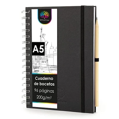 Imagen de OfficeTree Cuaderno de dibujo A5 con anillas Vertical 96 páginas, 48 hojas Bloc 200 g para acuarela lápiz