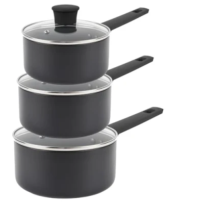 Imagen de Russell Hobbs COMBO 8693 Juego de cacerolas antiadherentes, inducción, con tapas cristal, alto rendimiento, fácil limpiar, uso poco/sin aceite, mango suave al tacto, 16/18/20 cm, colección