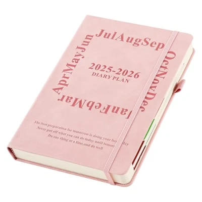 Imagen de agenda académica 2025 2026, página por día, A5, de medio año, 2025/26, día página, diaria y mensual julio a junio 2026 (rosa)