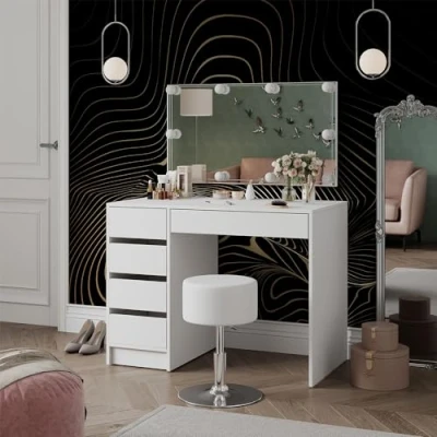 Imagen de Vicco Tocador Thalia, Blanco Alto Brillo, 100 cm con iluminación LED y Taburete