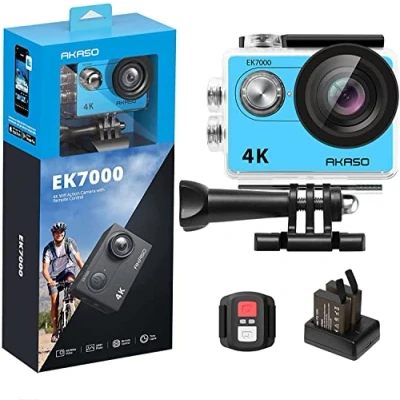 Imagen de AKASO EK7000 Cámara Deportiva 4K 30FPS 20MP de Acción Ultra HD Gran Ángulo 170 con Control Remoto, Sumergible Acuática 30M Impermeable Kit Accesorios Azul