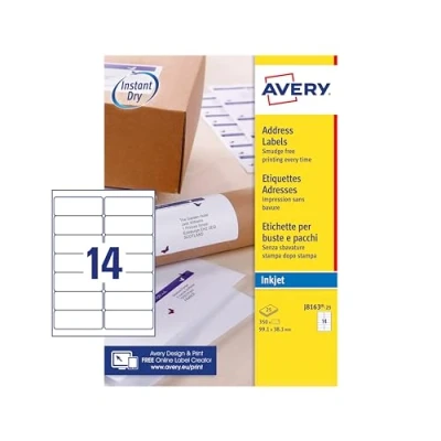 Imagen de Avery España J8163 25 Etiquetas adhesivas blancas para impresora Inkjet, 99.1x38.1mm Caja de 350etiquetas