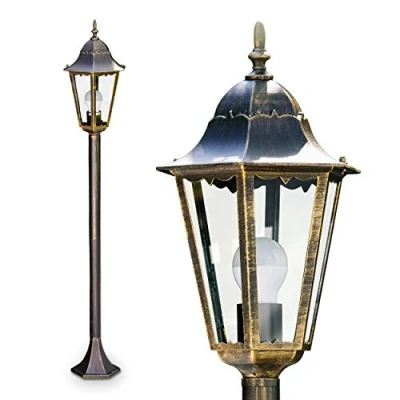 Imagen de lámpara de exterior Hongkong, pie aspecto antiguo, aluminio fundido en marrón/oro con cristales esmerilados, luz camino 120cm, jardín retro/vintage, E27, IP44, sin bombilla