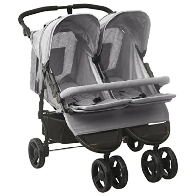 Imagen de vidaXL Carrito para Gemelos Cochecito Sillita Gemelar Silla de Paseo Canasta Niños Dosel Plegable Reposapiés Ajustable Acero Gris Claro