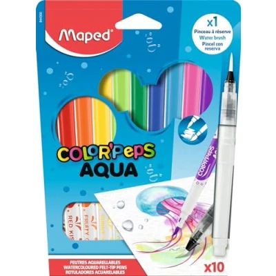 Imagen de Maped Rotuladores Acuarelables Aqua COLORPEPS Set de 10 unidades + Pincel, Estuche Cartón Creatividad Sin Fin