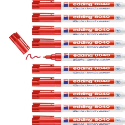 Imagen de edding 8040 marcador textil rojo caja de 10 punta redonda 1 mm para etiquetar prendas, resistente a lavados hasta 95 C rotulador ropa