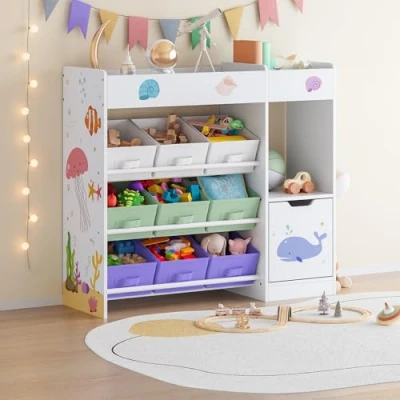 Imagen de [en.casa] Estantería Infantil Søndreland Librería con Motivos Infantiles Cajas Plegables y Compartimentos Dormitorio para Niños Habitación 80 x 90 30 cm Aqua Dream
