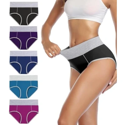 Imagen de wirarpa Bragas Talle Alto Algodón para Mujer Culotte Braguita de Cintura Alta Cómodo 5 Pack Multicolor Tamaño XL