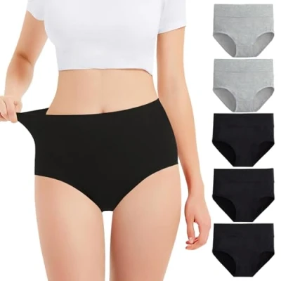 Imagen de Falechay Bragas Mujer Algodón Cintura Alta Pack de 5 Negro Gris,XS
