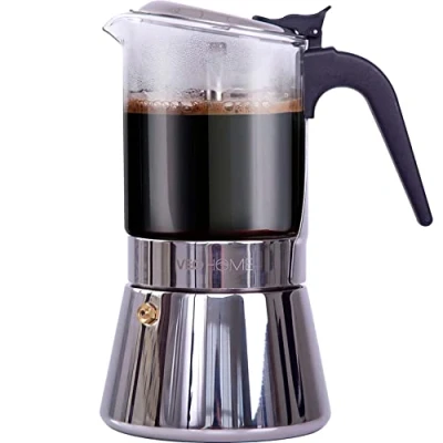 Imagen de Cafetera Italiana Transparente de Vidrio y Acero Inoxidable 6 Tazas/360ml Cocina Inducción, Vitrocerámica Gas Moka Resistente Apta para Lavavajillas