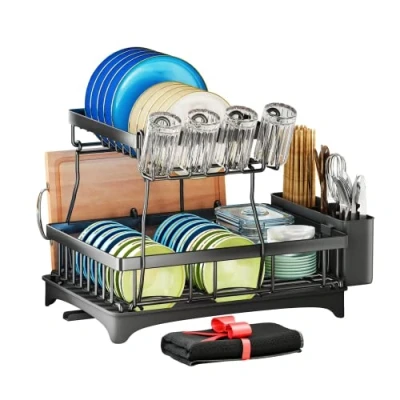 Imagen de SAYZH Escurreplatos, Escurridor De Platos Desmontable 2 Niveles, Organizador Gran Capacidad con Tapete Secado Extra, Estante para Tazas Mostrador Cocina, Negro