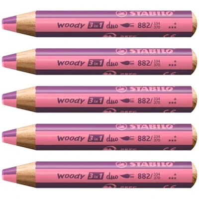 Imagen de STABILO Lápiz de color, cera y acuarela woody 3 en 1 duo Mina bicolor Caja con 5 unidades Colores rosa/lila